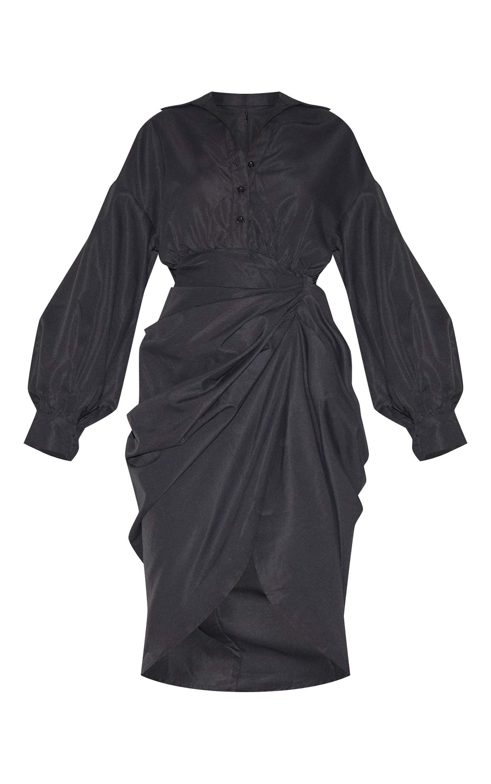 Black Balloon Sleeve Gathered Skirt Midi Shirt Dress Product Image