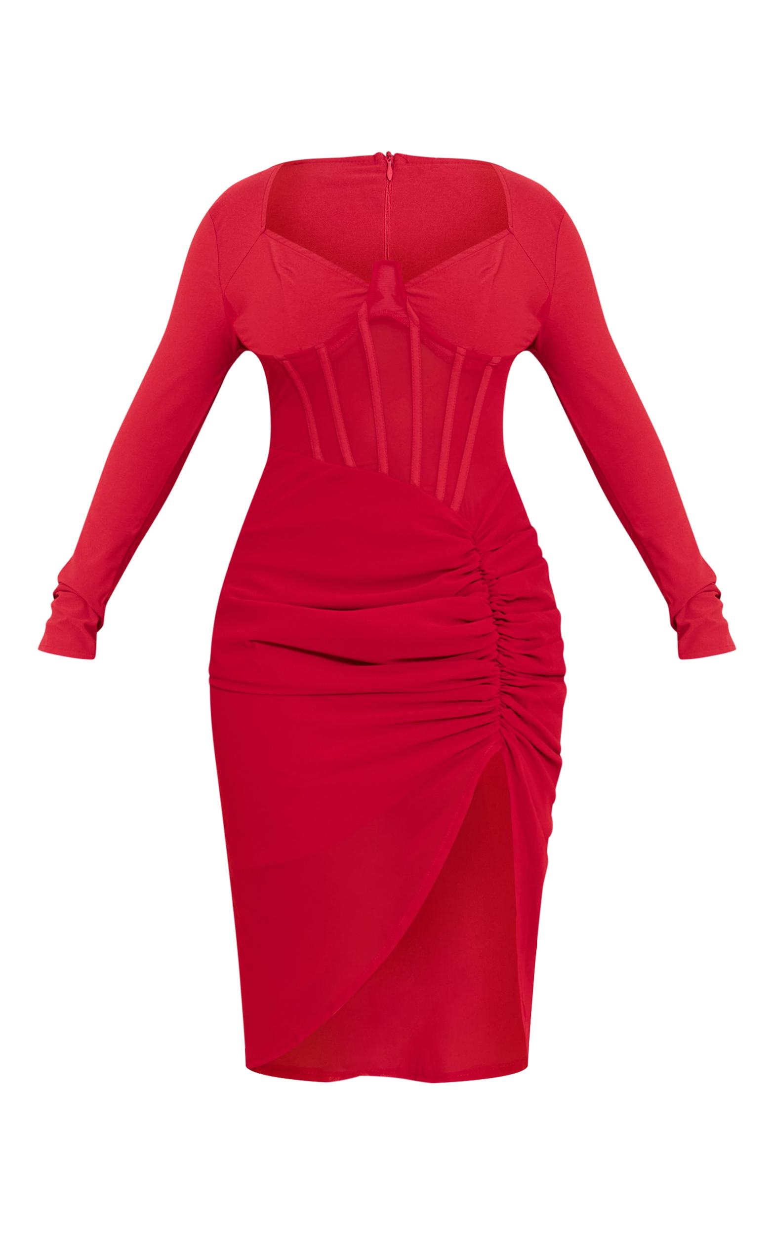 Shape Red Corset Detail Long Sleeve Ruched Midi Dress Product Image