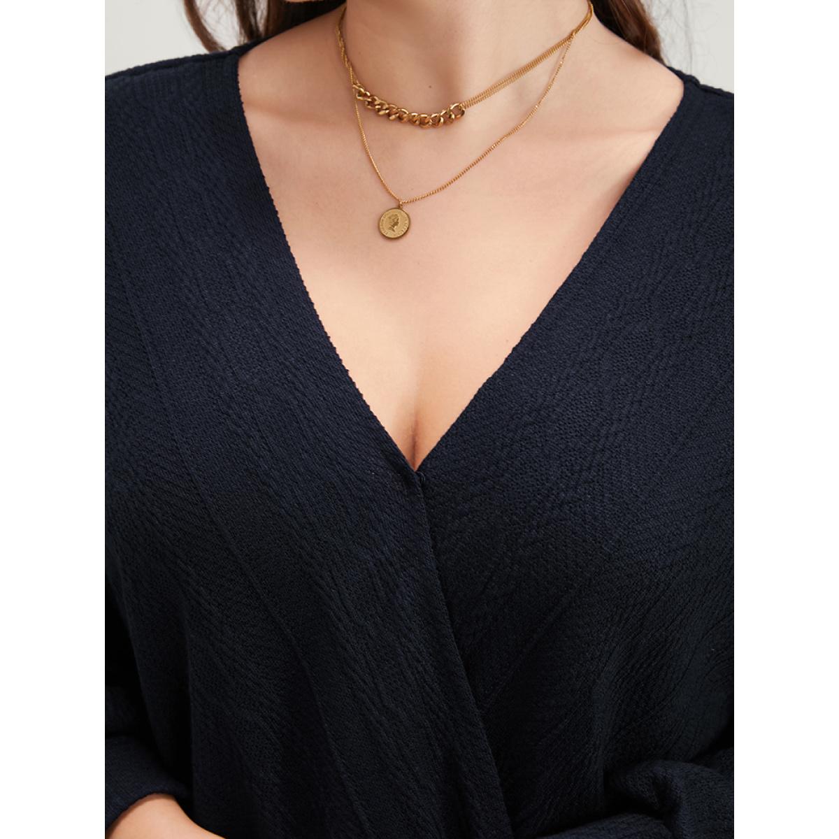 Plus Size Solid Cable Knit Surplice Neck Drop Shoulder Sweatshirt Women DarkBlue Elegant Plain V-neck Dailywear Sweatshirts BloomChic 12/L Product Image