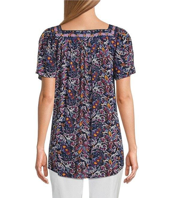 Intro Crinkle Gauze Embroidered Printed Square Neck Short Flutter Sleeve Top Product Image