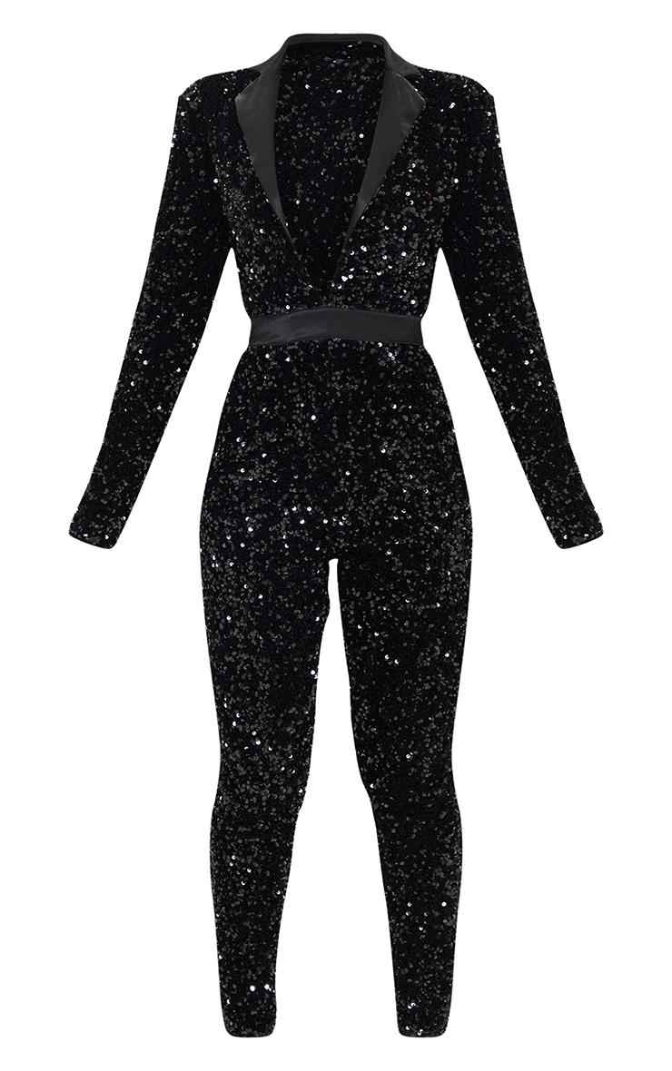 Black Velvet Sequin Plunge Front Tailored Jumpsuit Product Image