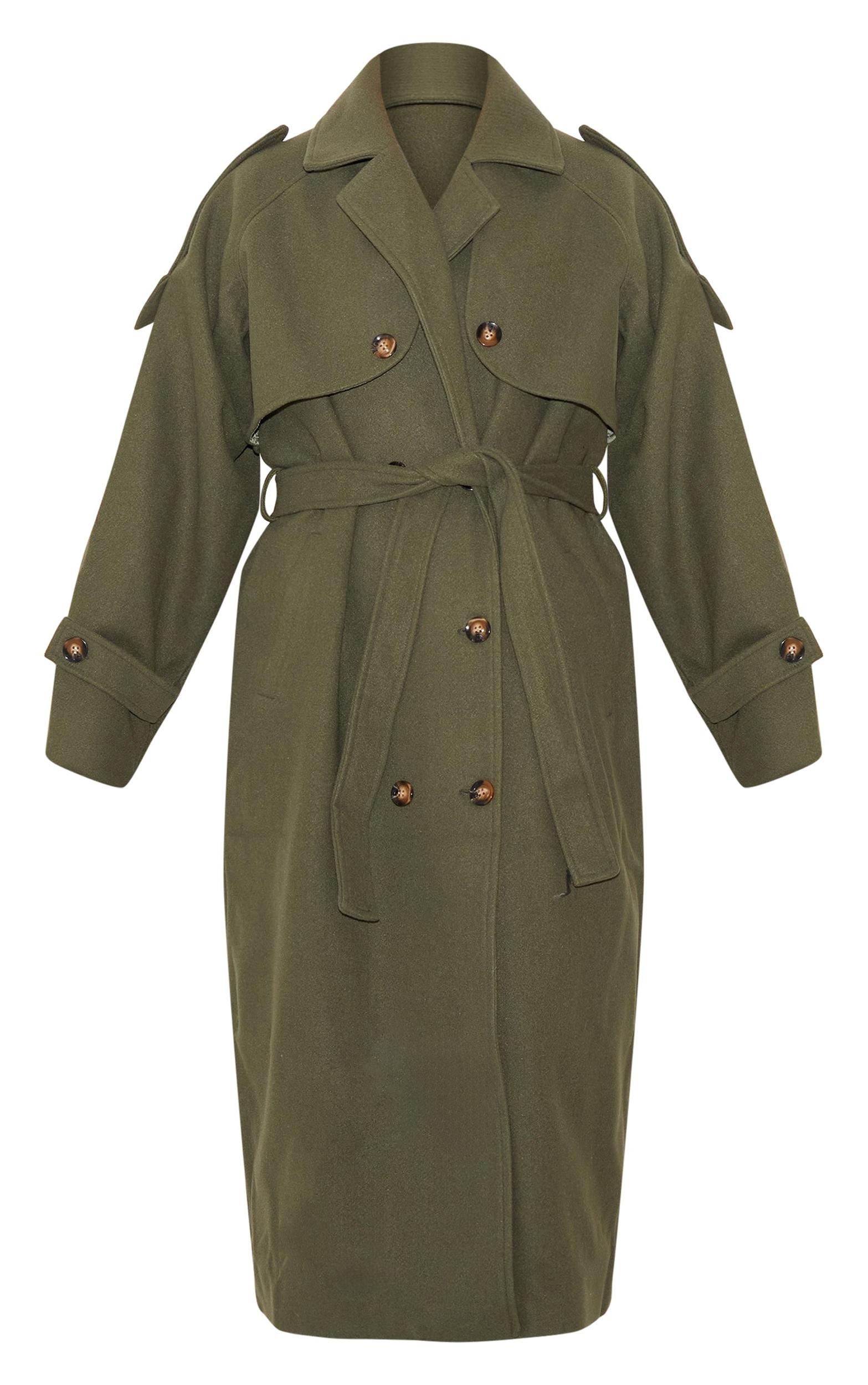 Plus Khaki Oversized Double Breasted Military Trim Coat Product Image