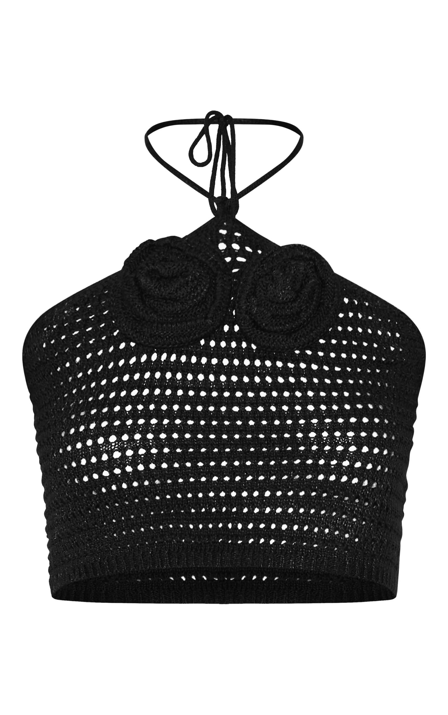 Black Tie Neck Flower Applique Top Product Image