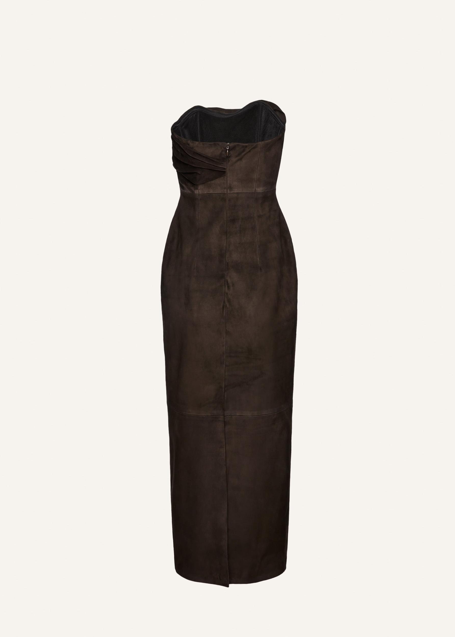 Strapless ruched dress in brown suede Product Image