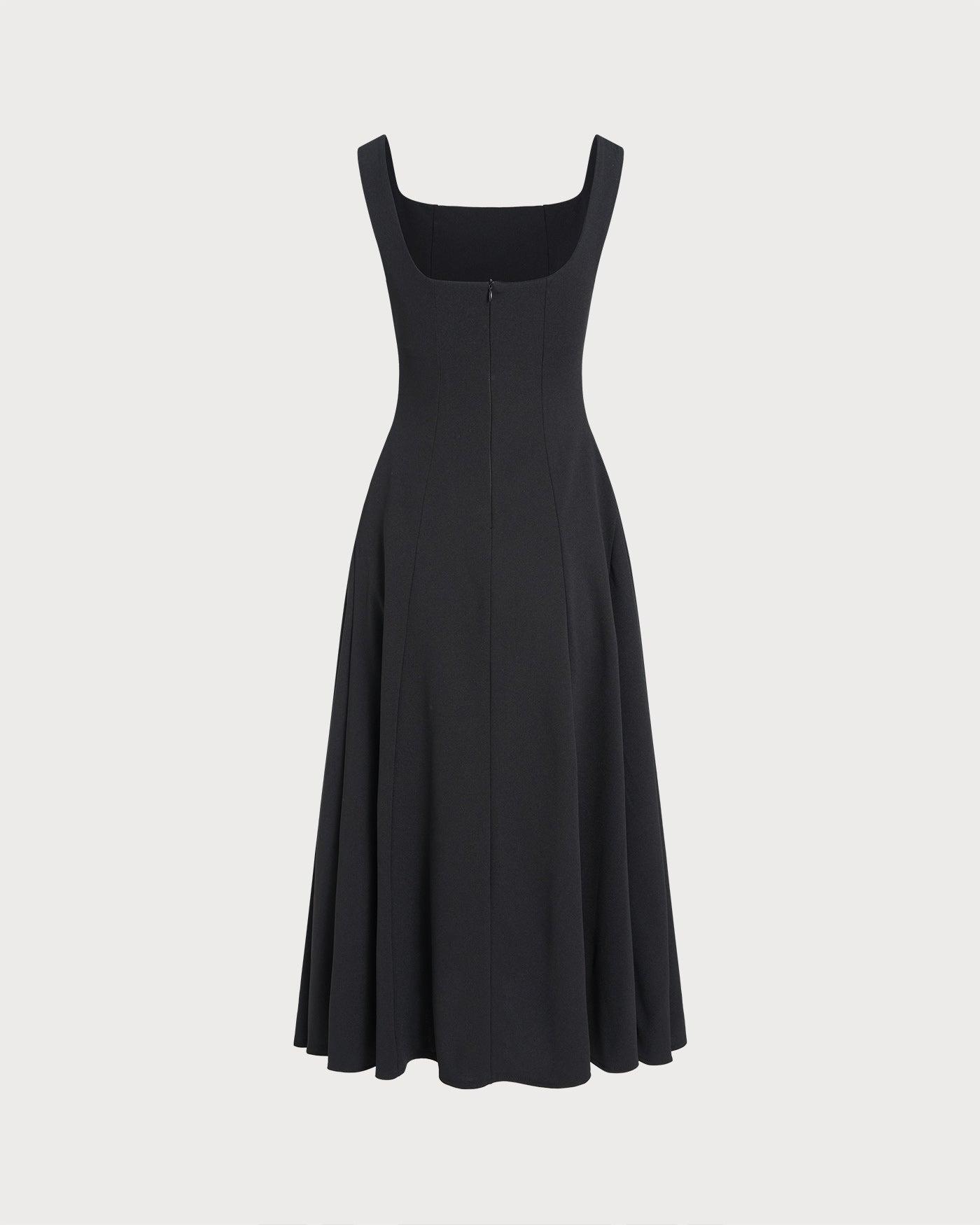 Black Solid Zipper Slip Midi Dress Product Image