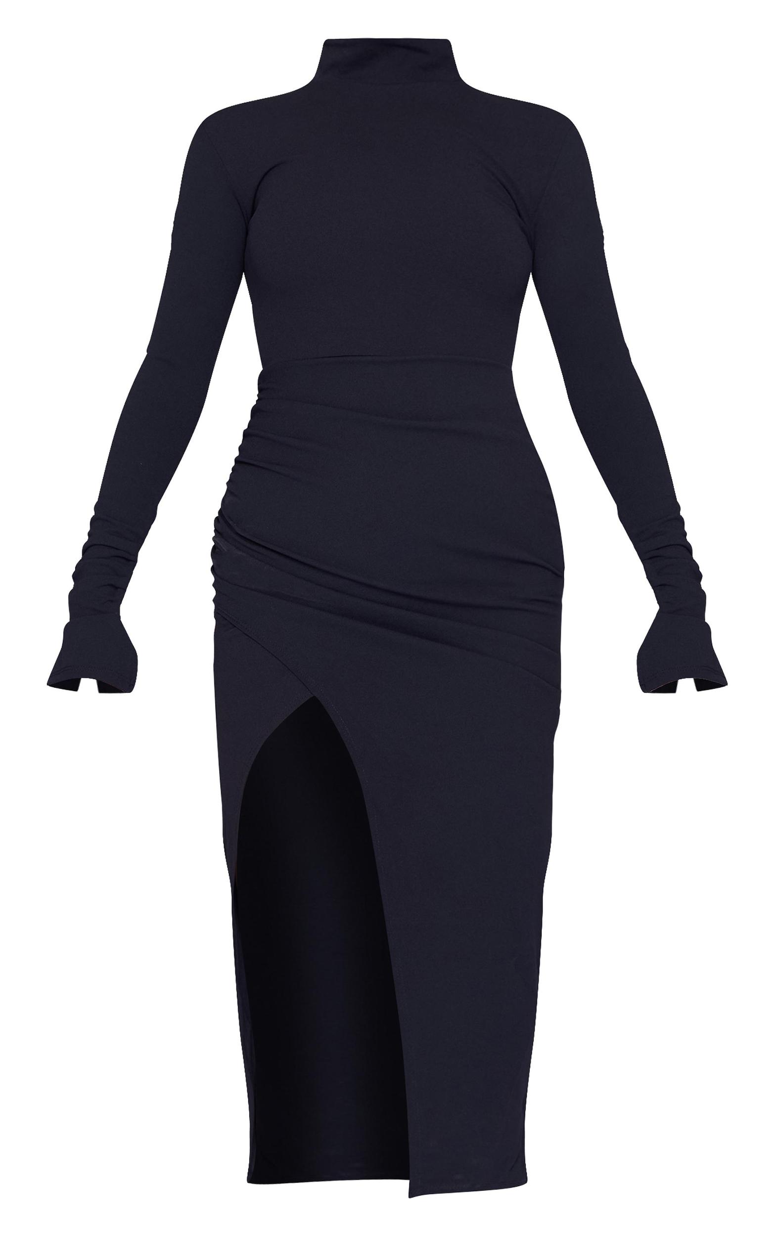 Black Crepe High Neck Split Sleeve Midi Dress Product Image