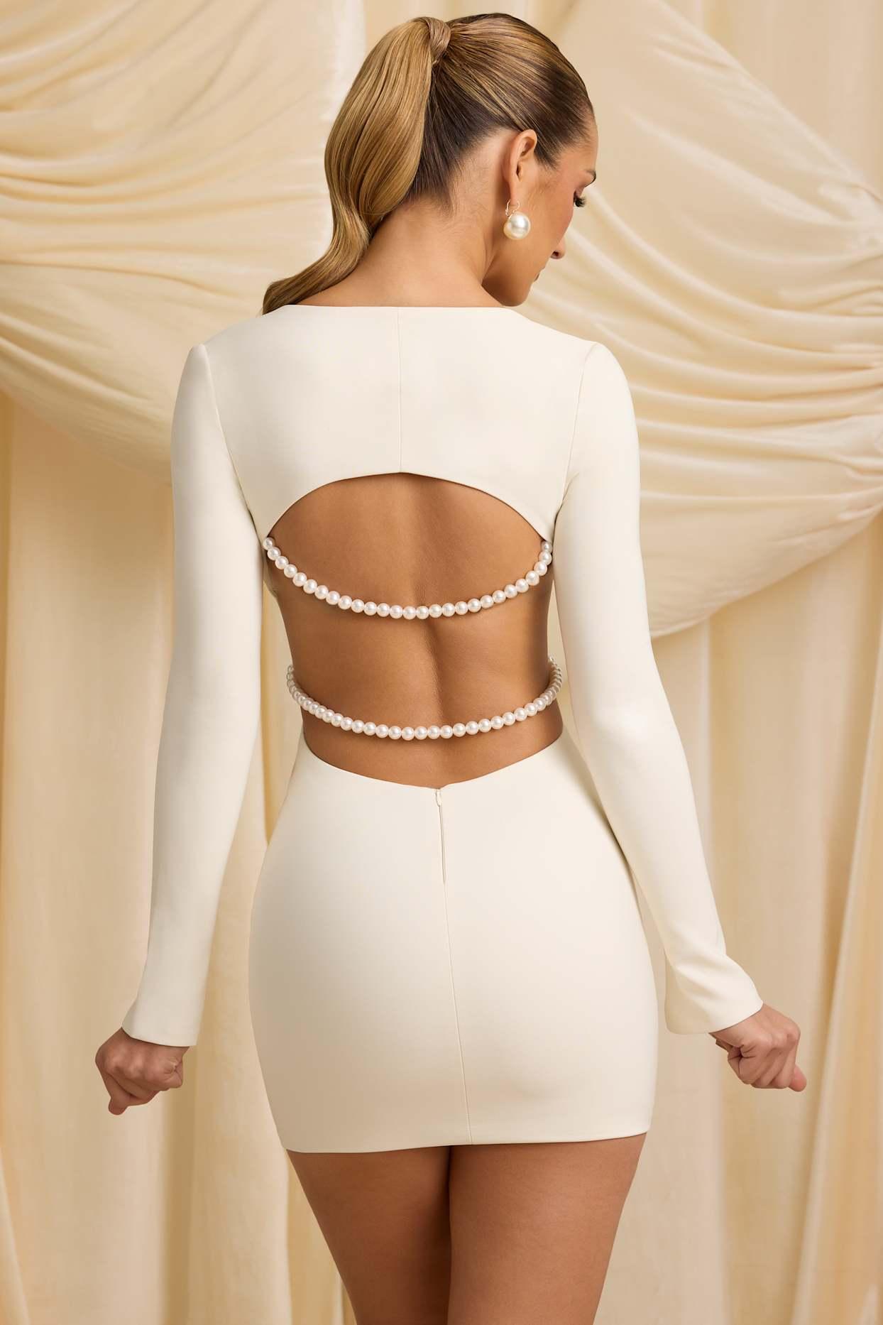 Pearl-Detail Cut-Out Mini Dress in Ivory Product Image