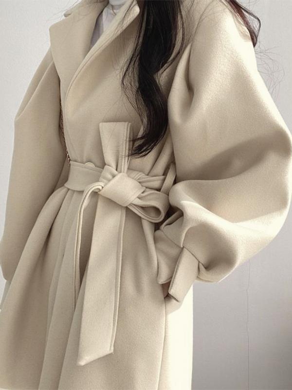 Puff Sleeve Belted Woolen Coat Product Image