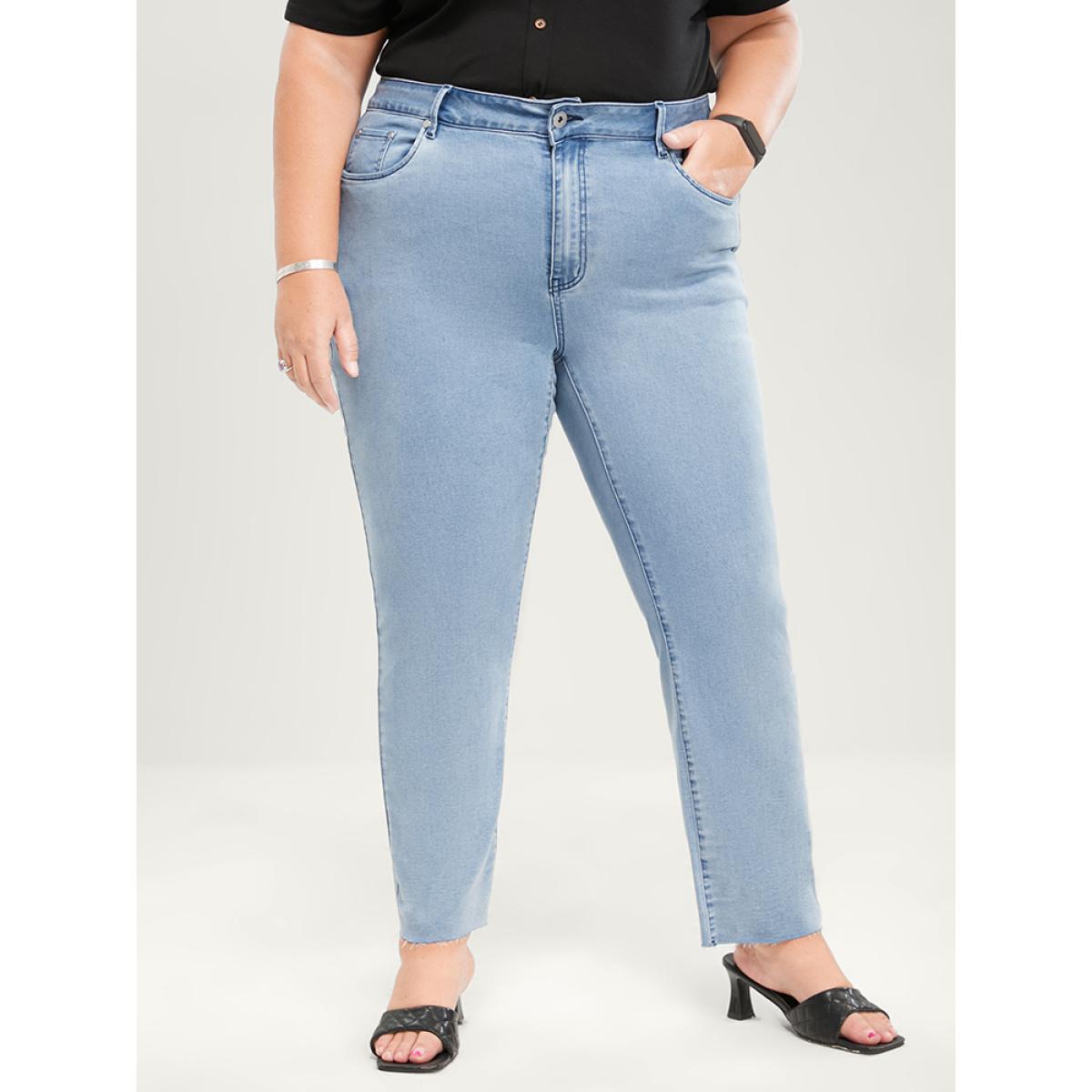 Plus Size Skinny Very Stretchy High Rise Light Wash Pocket Patchwork Jeans Women LightBlue Casual Plain Asymmetrical High stretch Pocket Jeans BloomChic 24/3X Product Image