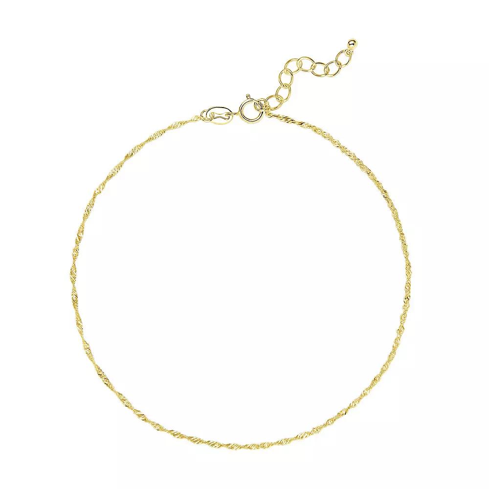PRIMROSE Sterling Silver Singapore Chain Anklet, Women's, Size: 9-10" ADJ, Gold Tone Product Image