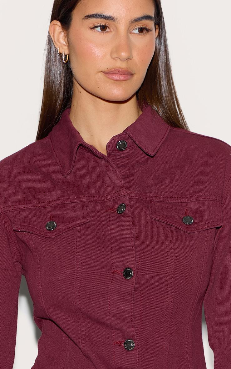 Burgundy Long Sleeve Cinch Waist Denim Jacket Product Image
