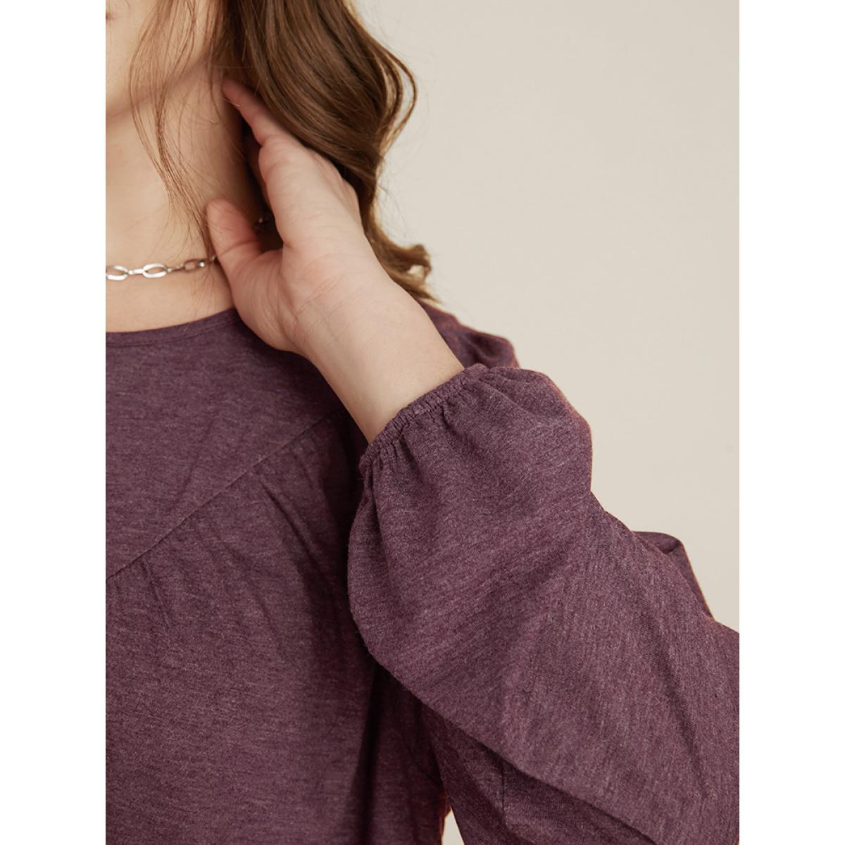 Plus Size DustyPink Solid Round Neck Gathered Lantern Sleeve Blouse Women Elegant Long Sleeve Round Neck Dailywear Blouses BloomChic 10/M Product Image