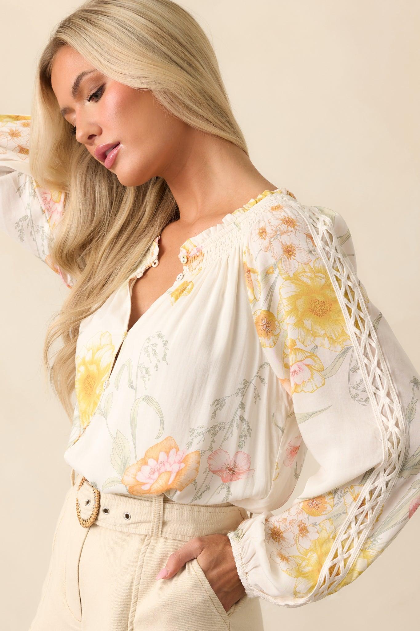 Just Winging It Ivory Multi Floral Print Rayon Long Sleeve Blouse Product Image