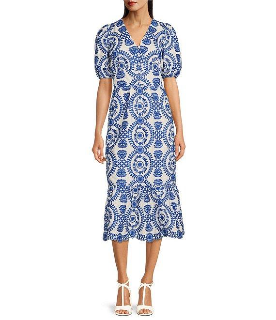 Adelyn Rae Eyelet Embroidered Puff Short Sleeve V-Neck Midi Dress Product Image