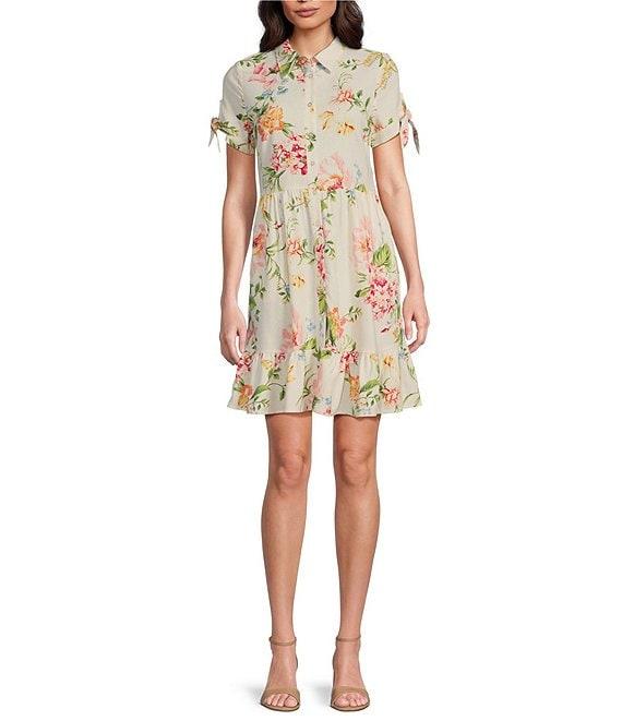 Leslie Fay Collared Short Sleeve Floral Rayon Linen Fit and Flare Shirtdress Product Image