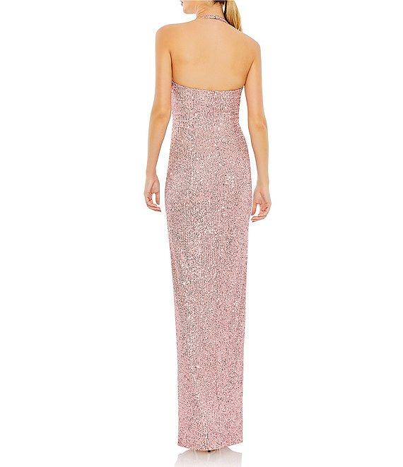 Mac Duggal Sleeveless Halter Square Neck Side Knot Thigh High Slit Sequin Sheath Gown Product Image