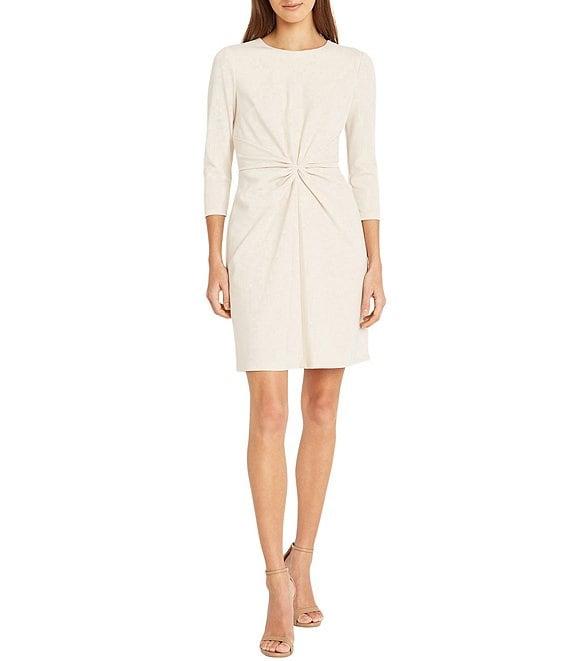 Donna Morgan Stretch Scuba Crepe Round Neck 3/4 Sleeve Twist Front Dress Product Image