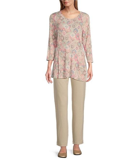 Intro Knit Jersey Floral Print Scoop Neck 3/4 Sleeve Flare Hem Top Product Image