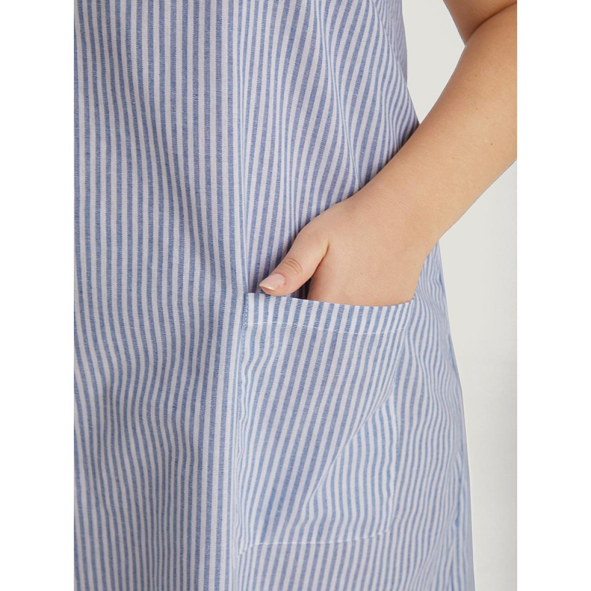 Plus Size Striped Patched Pocket Adjustable Button Dress LightBlue Women Casual Adjustable Straps Round Neck Sleeveless Curvy Knee Dress BloomChic 26/4X Product Image