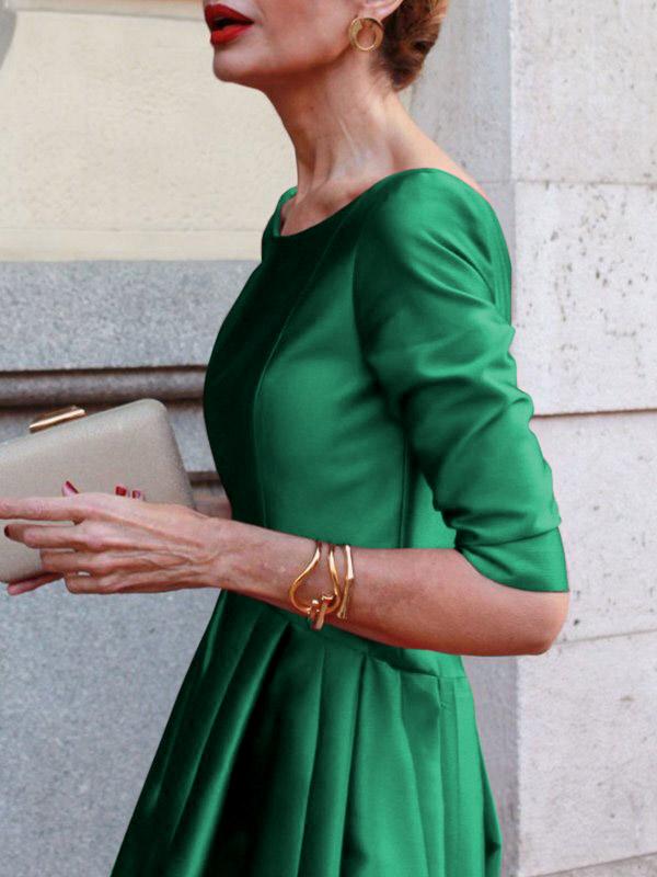 A-Line Loose Pleated Pockets Solid Color Split-Joint Round-Neck Midi Dresses Product Image