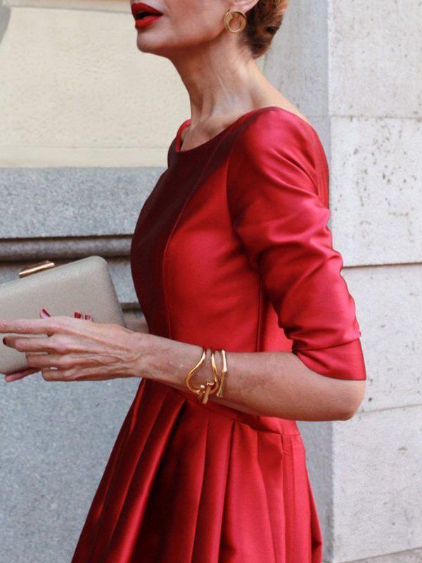 A-Line Loose Pleated Pockets Solid Color Split-Joint Round-Neck Midi Dresses Product Image