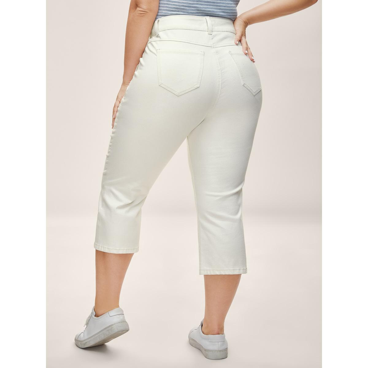 Plus Size Cotton Cropped Straight-Leg Mid-Rise Jeans Women Originalwhite Medium stretch Slanted pocket Jeans BloomChic 24/3X Product Image
