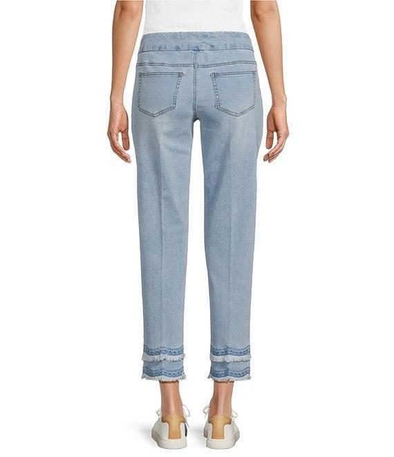 Multiples Petite Size Stretch Denim Eyelet Fringe Hem Pull-On Cropped Jeans Product Image