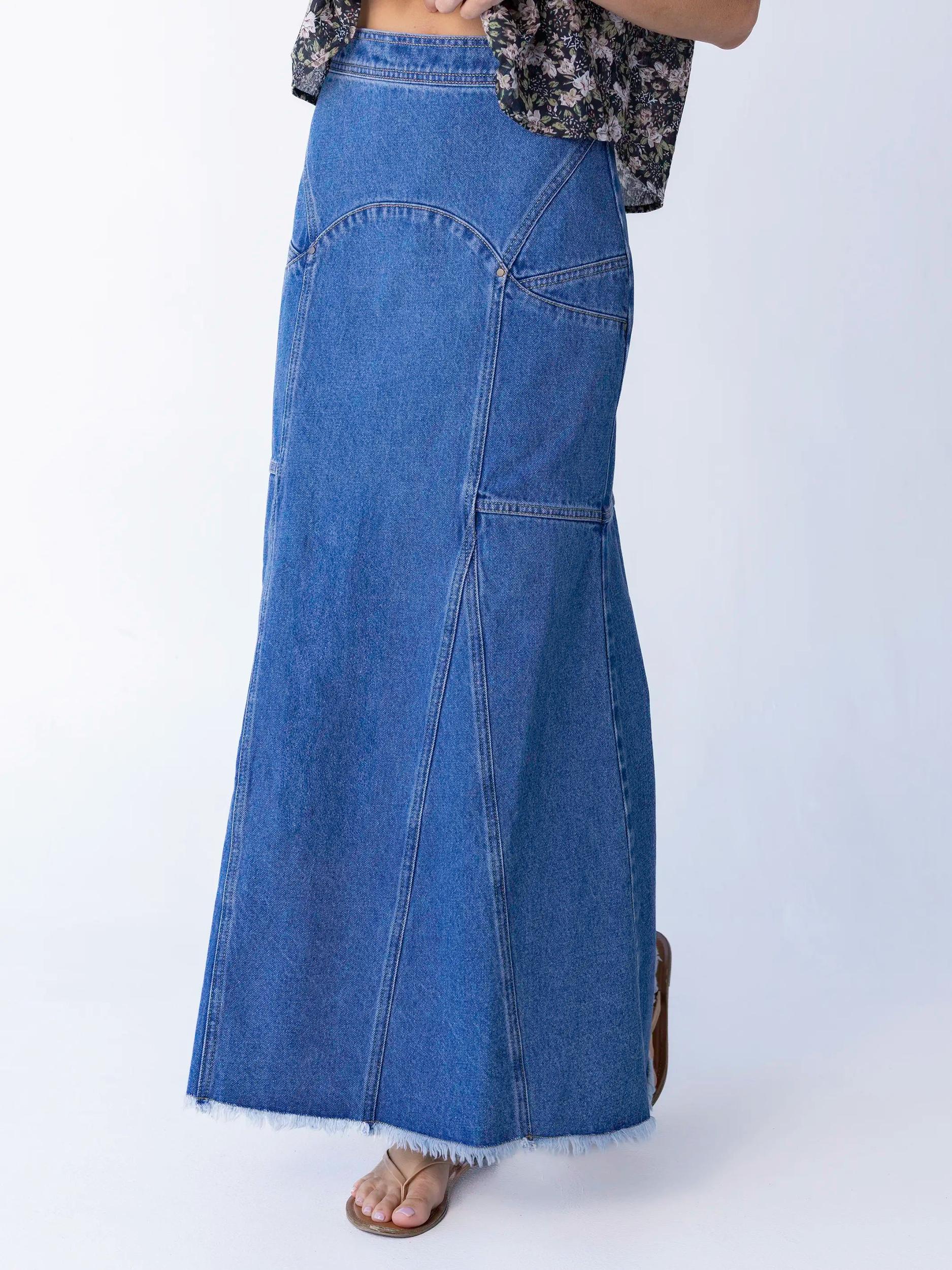 Fitted Cotton Denim Maxi Skirt - Medium Wash Product Image