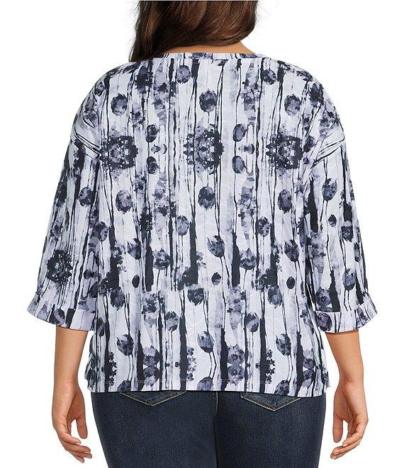 Leo & Nicole Plus Size Textured Floral Shadow Print Boat Neck 3/4 Sleeve Top Product Image