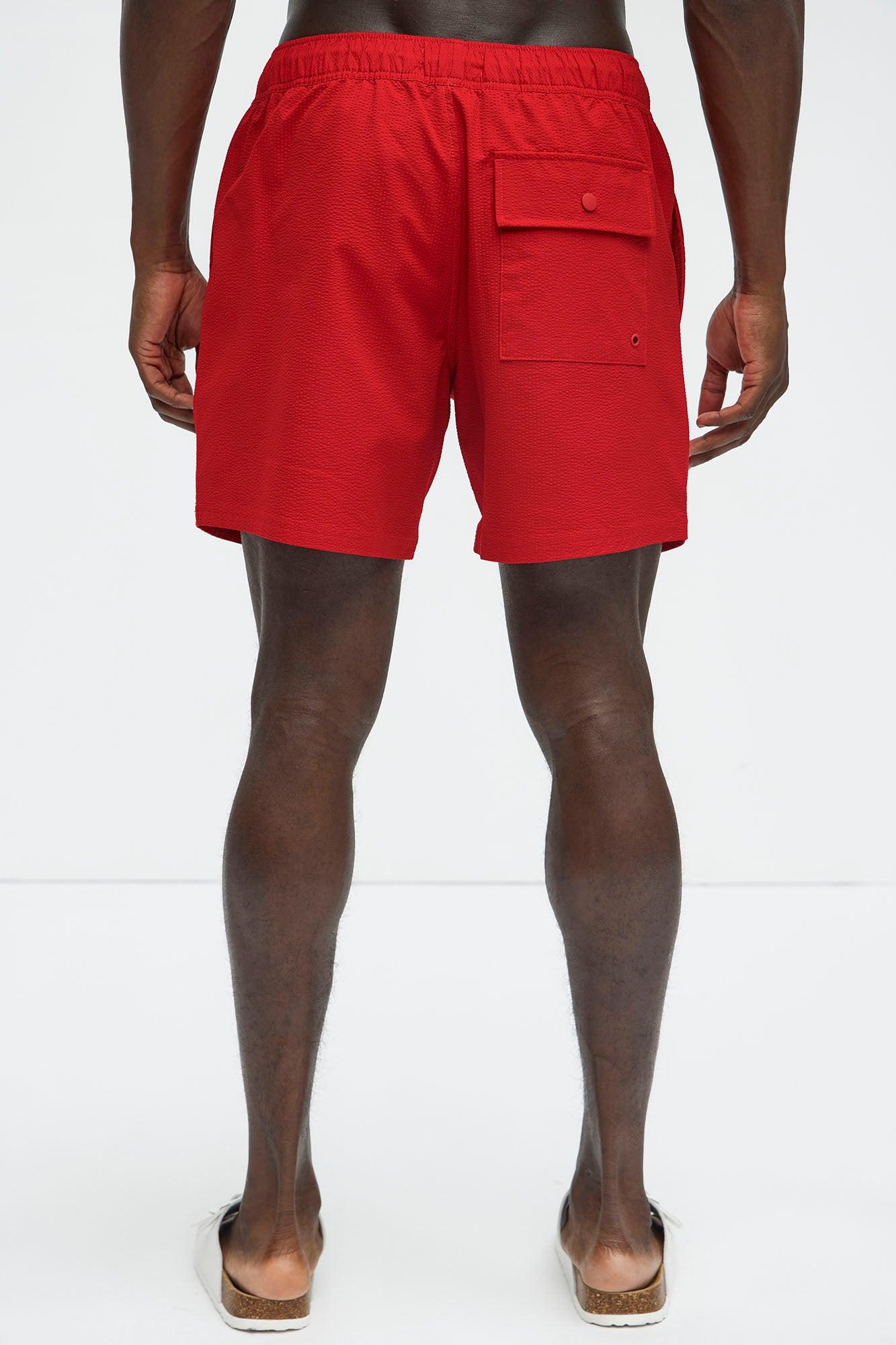 Seersucker Swim Mid Trunk - Red Product Image