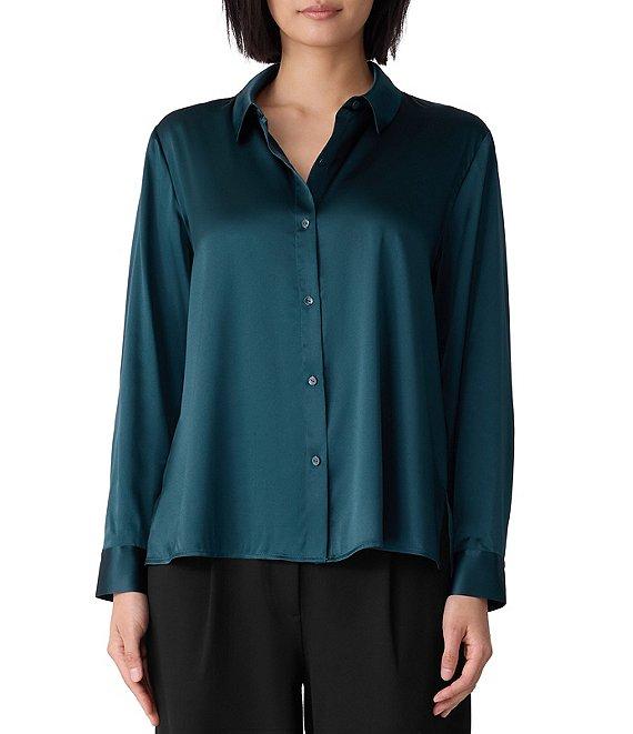 Eileen Fisher Satin Classic Collar Long Sleeve Button Front Shirt Product Image