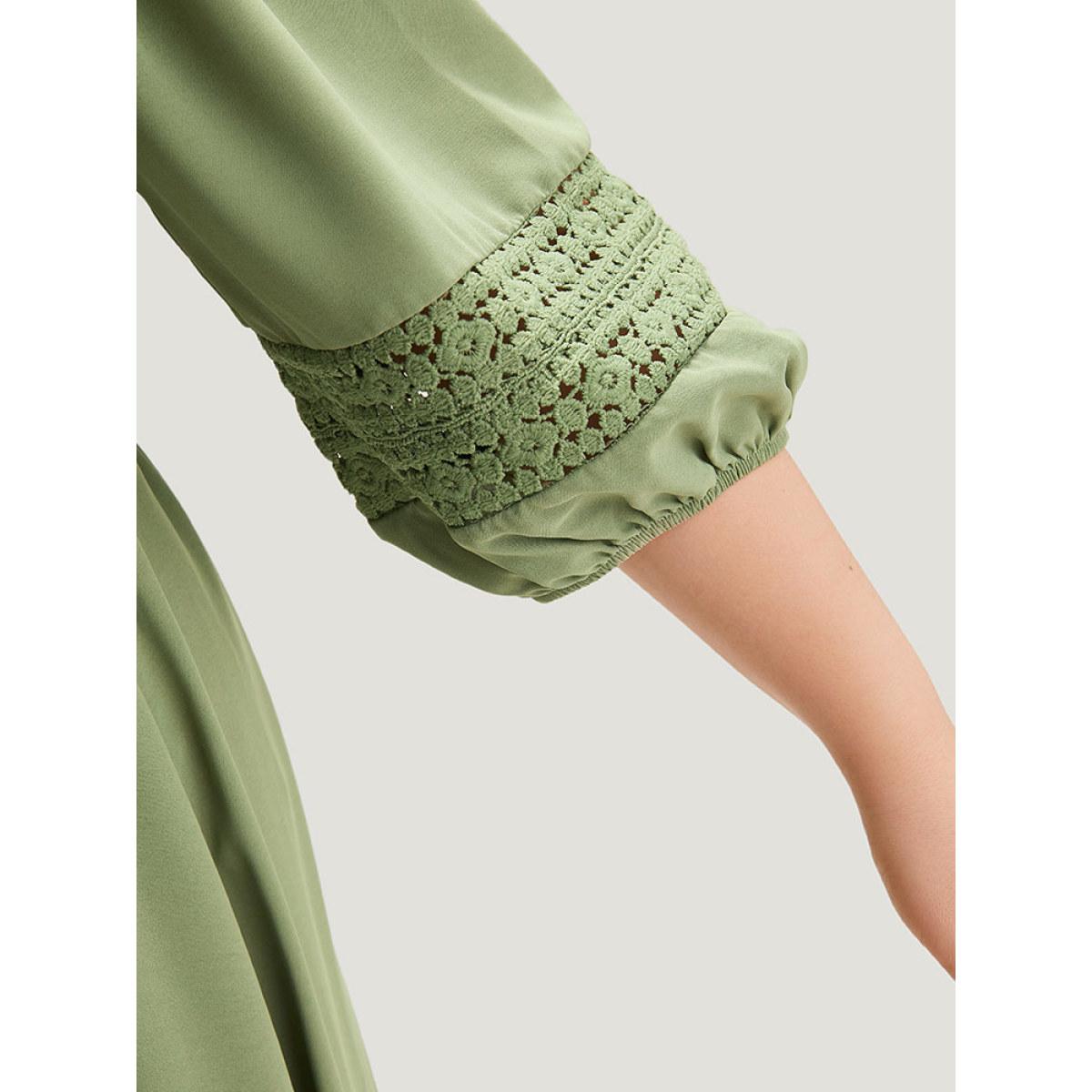 Plus Size Solid Shirred Square Neck Guipure Lace Dress Moss Women Vacation Elastic cuffs Square Neck Elbow-length sleeve Curvy Midi Dress BloomChic 22-24/3X Product Image