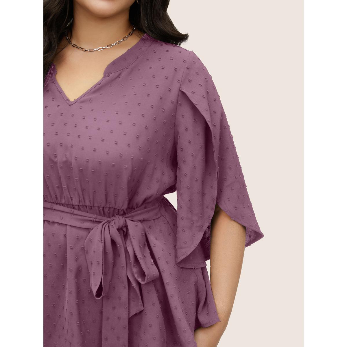 Plus Size Mauve Plain Textured Petal Sleeve Ties Blouse Women Work From Home Elbow-length sleeve Flat collar with V-notch Work Blouses BloomChic 12/L Product Image