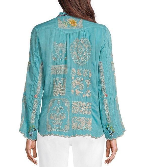 JOHNNY WAS Allbee Embroidered Floral Geometric Print Ruffle Banded Collar Long Sleeve Button Front Scallop Hem Blouse Product Image