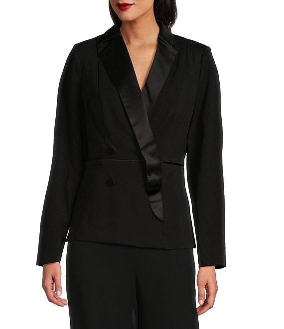 Alex Evenings Satin Collar V-Neck Long Sleeve Crepe Tuxedo Blouse Product Image