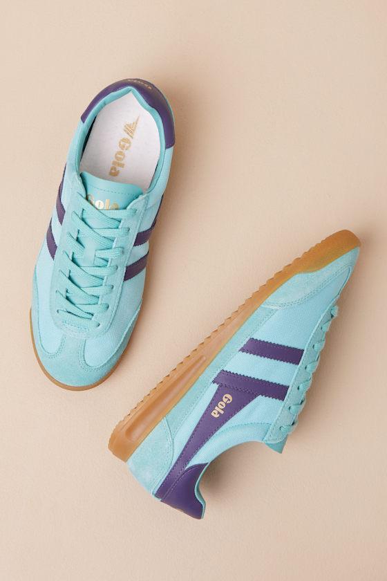 Tornado Sea Mist and Plum Color Block Suede Leather Sneakers Product Image