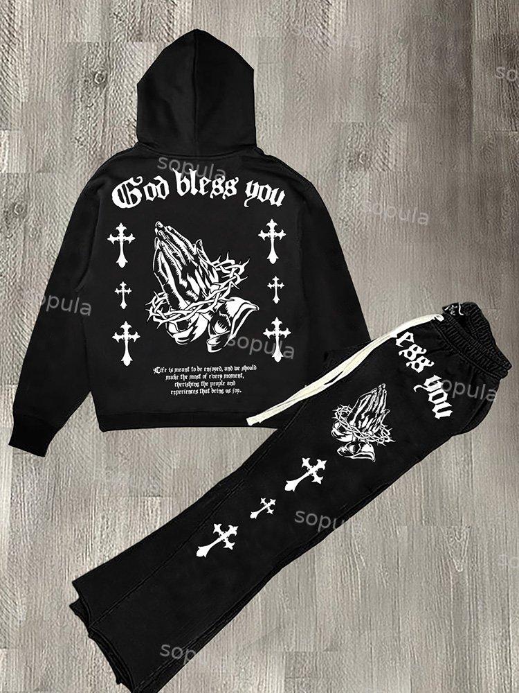 Sopula God Bless You Street Graphic Hoodie & Flared Sweatpants Two Piece Set Product Image