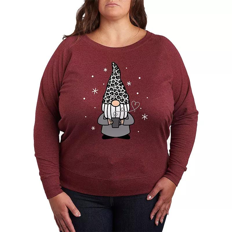 Plus Size Snow Leopard Print Coffee Gnome French Terry Long Sleeve Tee, Womens Grey Green Product Image