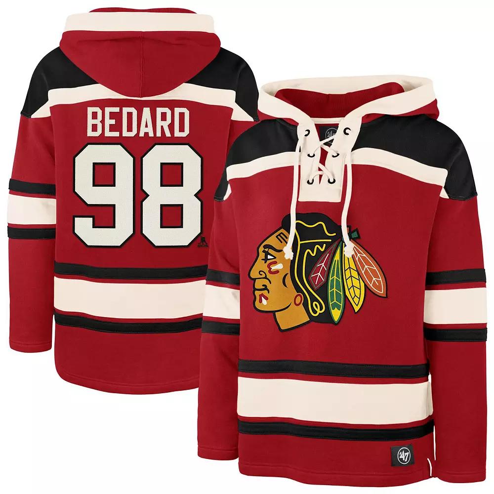 Men's '47 Connor Bedard Red Chicago Blackhawks Player Name & Number Lacer Pullover Hoodie, Size: Small Product Image
