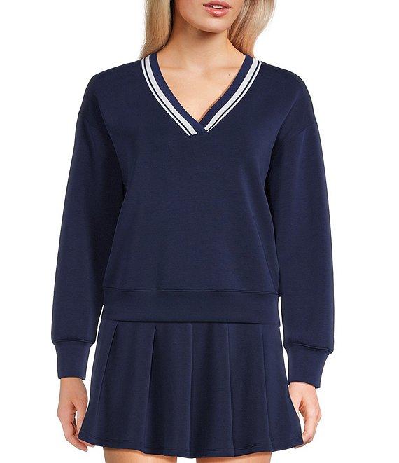 Copper Key V-Neck Varsity Inspired Contrast Trim Long Sleeve Top Product Image