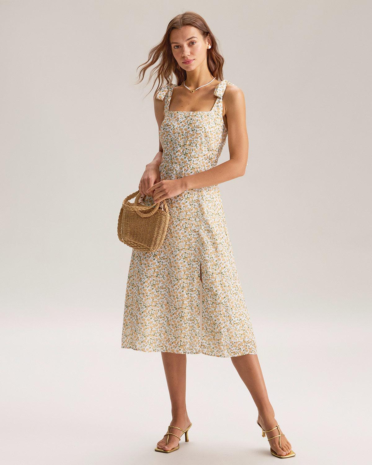 Yellow Floral Shirred Slip Midi Dress Product Image