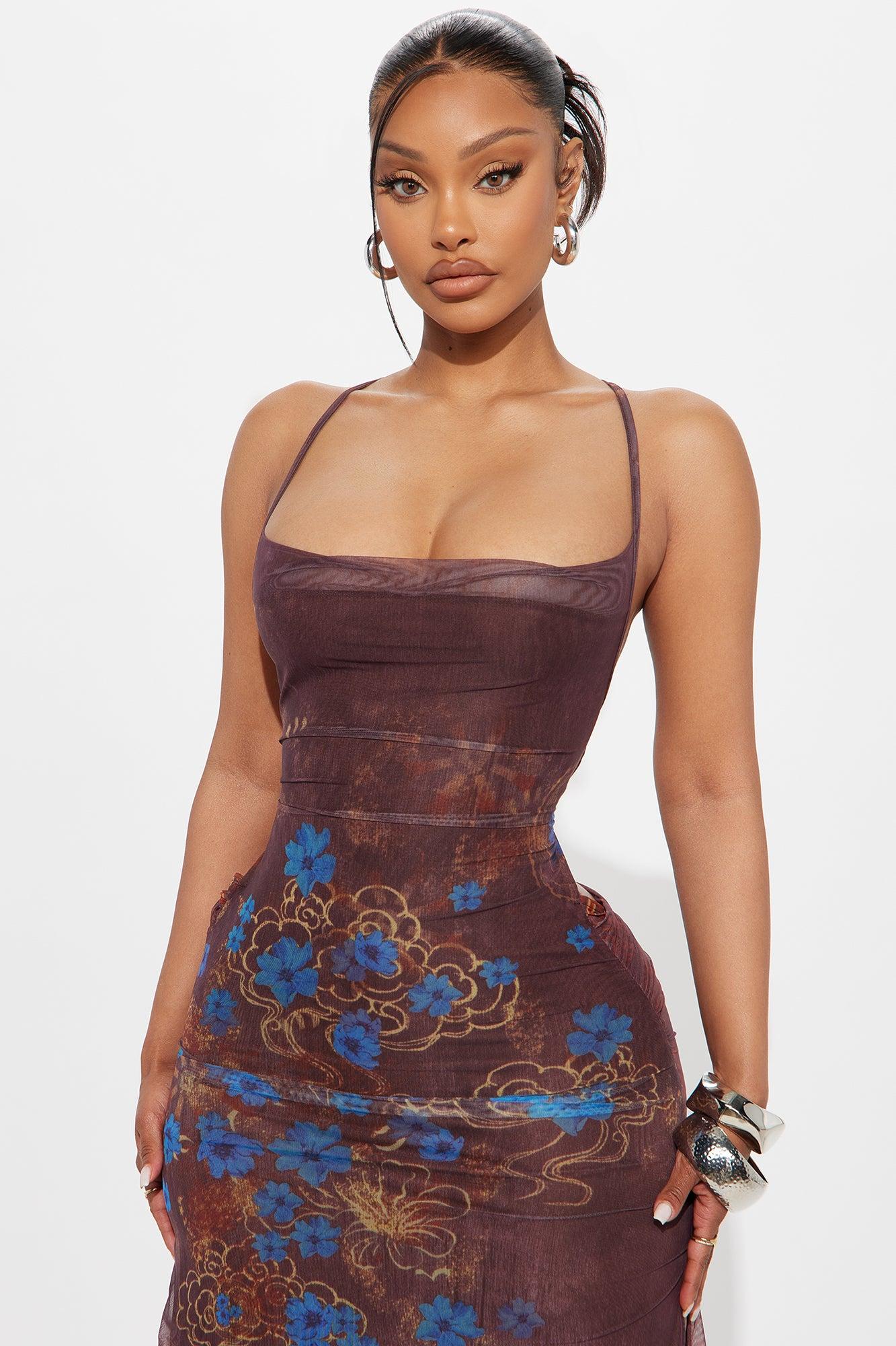 Delani Cowl Neck Mesh Maxi Dress - Brown/combo Female Product Image