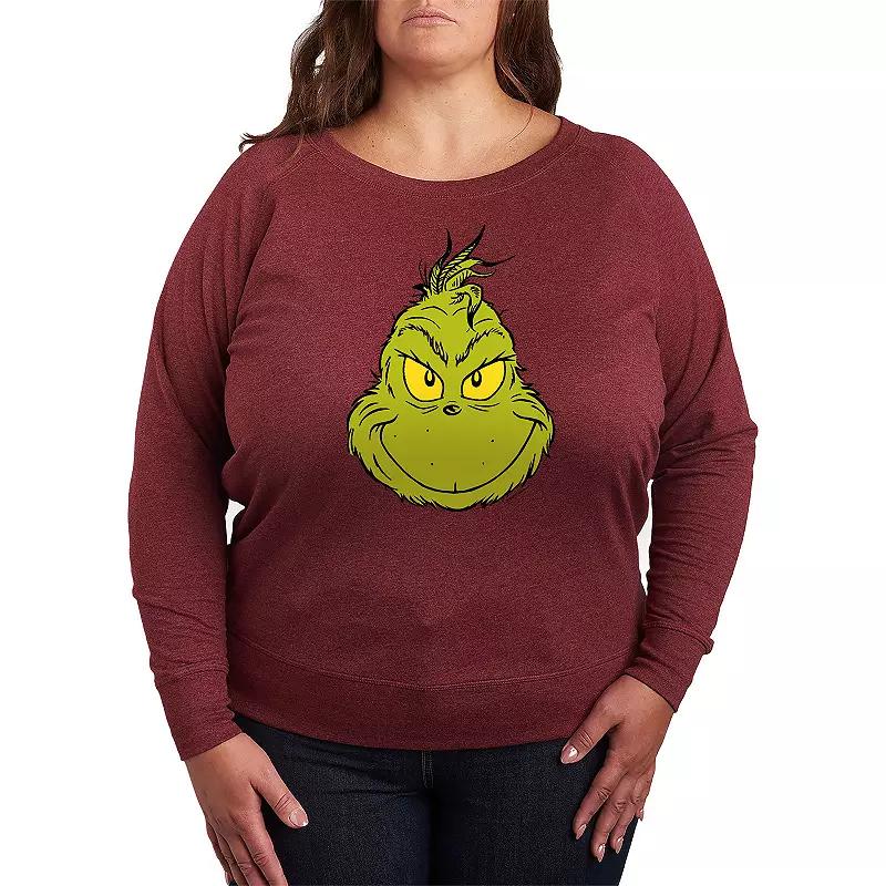 Plus Size Dr. Seuss The Grinch Face French Terry Long Sleeve Tee, Womens Grey Green Product Image