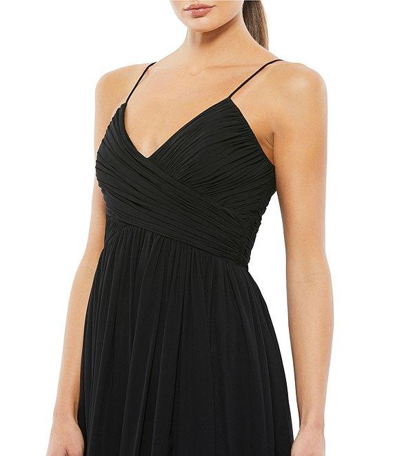 Mac Duggal Chiffon V-Neck Sleeveless Faux Wrap Flowy Midi Dress Product Image