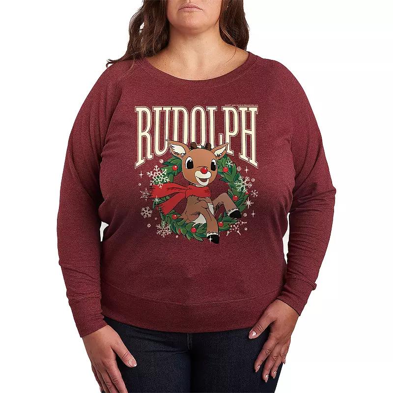 Plus Size Rudolph Wreath French Terry Long Sleeve Tee, Womens Grey Indigo Product Image