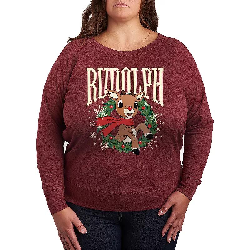 Plus Size Rudolph Wreath French Terry Long Sleeve Tee, Womens Grey Indigo Product Image