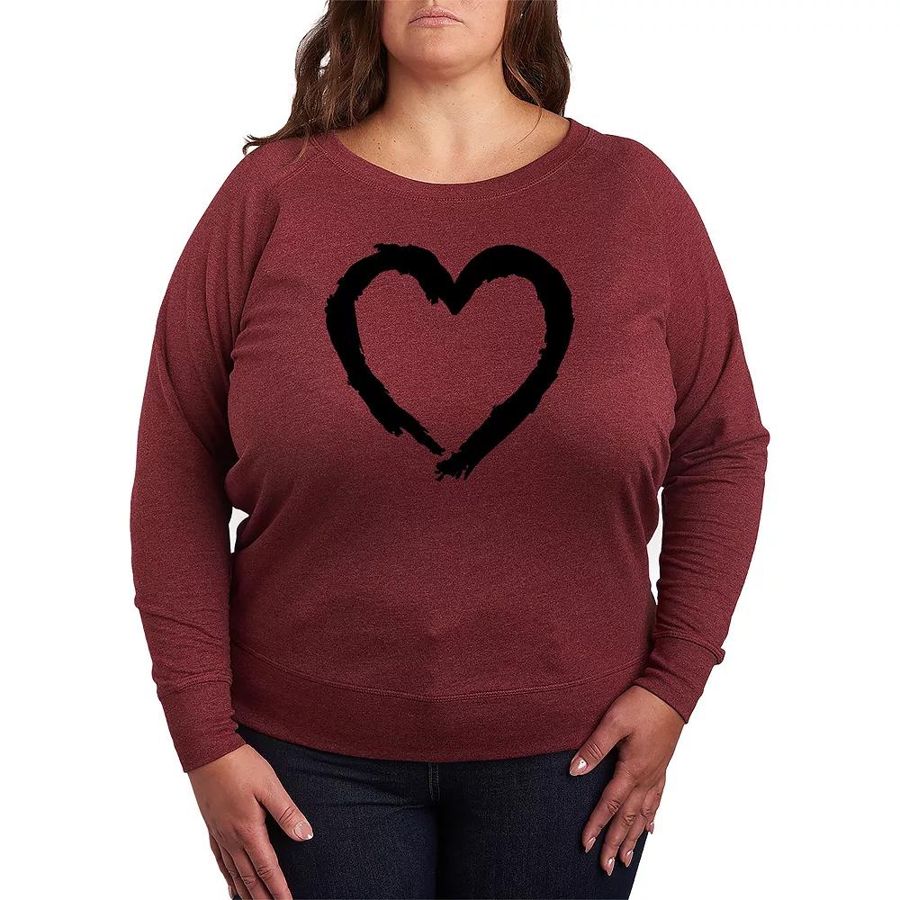 Plus Size Paintbrush Stroke Heart French Terry Long Sleeve Tee, Women's, Size: 2XL, Grey Dark Red Product Image