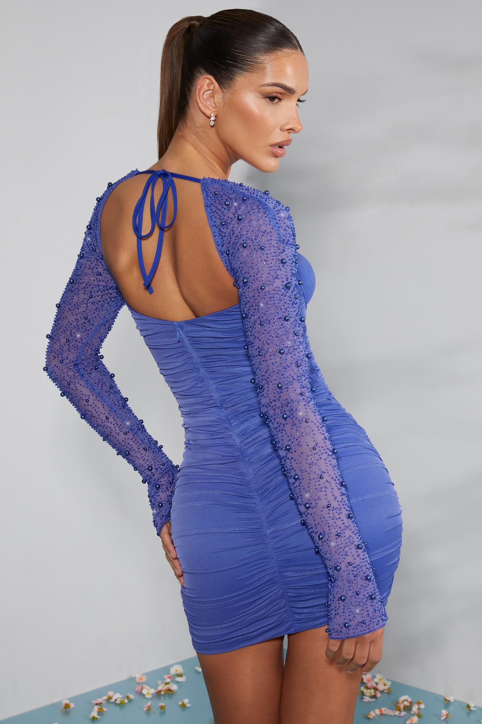 Embellished Long Sleeve Mini Dress in Cobalt Blue Product Image