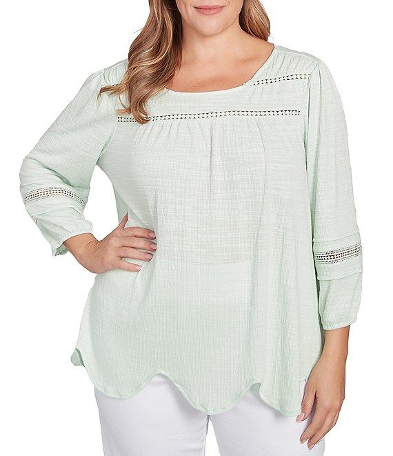 Ruby Rd. Plus Size Knit Scoop Neck 3/4 Bishop Sleeve Lace Trim Scallop Hem Top Product Image