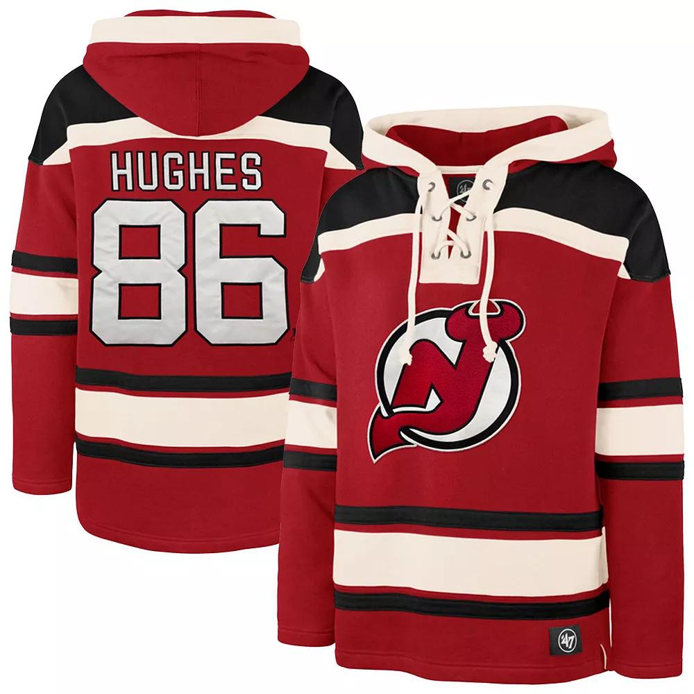Men's '47 Jack Hughes Red New Jersey Devils Big & Tall Lace-up Pullover Hoodie, Size: 3XB, Nhl Red Product Image